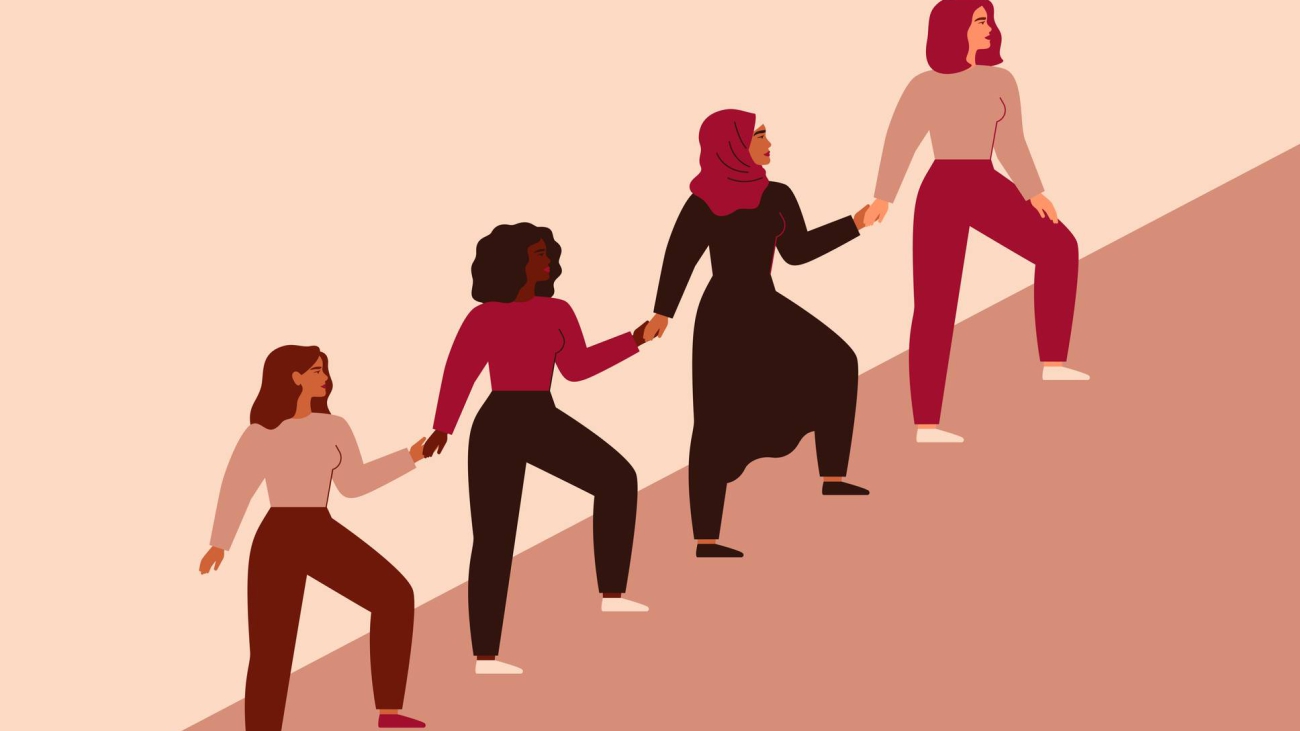 Women can do it. Four female characters walk up together and hold arms. Girls support each other. Friendship poster, the union of feminists and sisterhood. Vector illustration